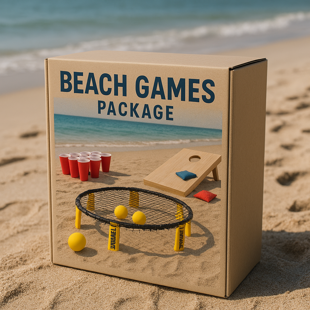 Complete beach games package with volleyball, frisbee, cornhole, and water activities