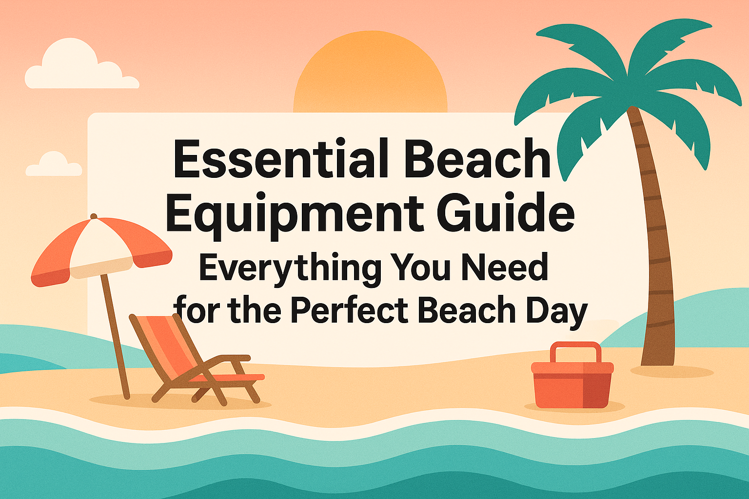 Beach setup with colorful umbrellas, comfortable chairs, and rental equipment on sandy shore
