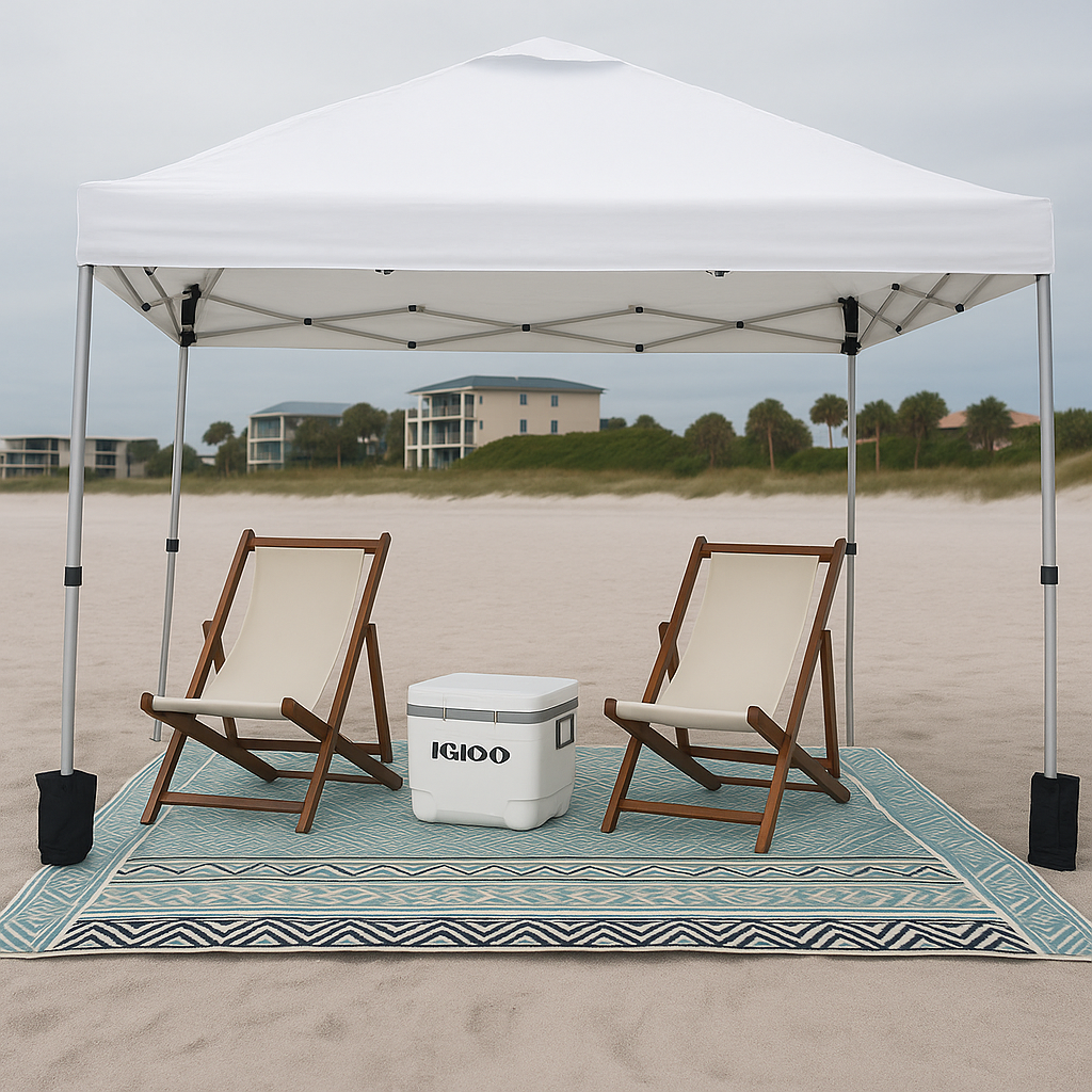 Premium beach cabana package with 10x10 shade tent and luxury beach service