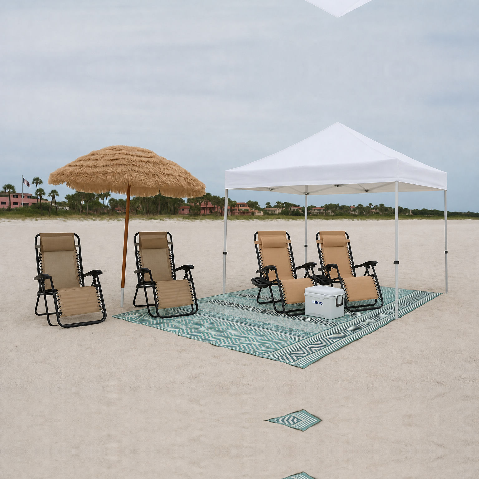 Complete beach combo package with chairs, umbrella, and cooler rental