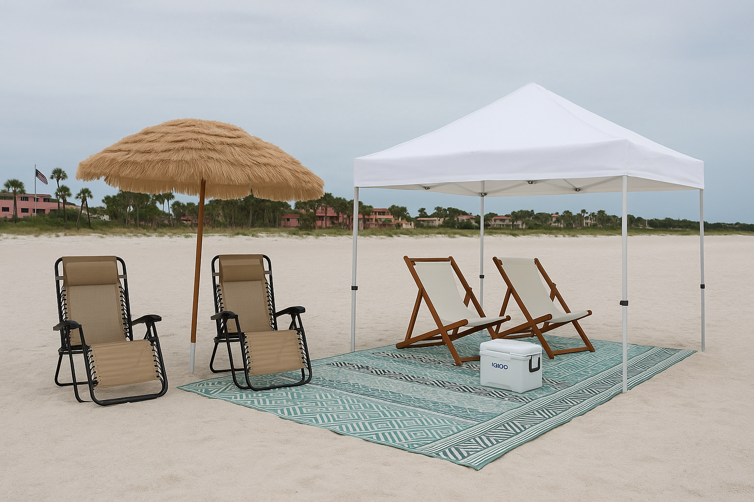 Complete beach combo package with chairs, umbrella, cooler, and full setup service