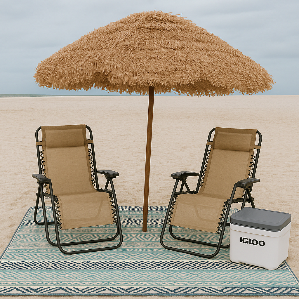 Beach umbrella rental package with 8ft UV-protection umbrella and sand anchor