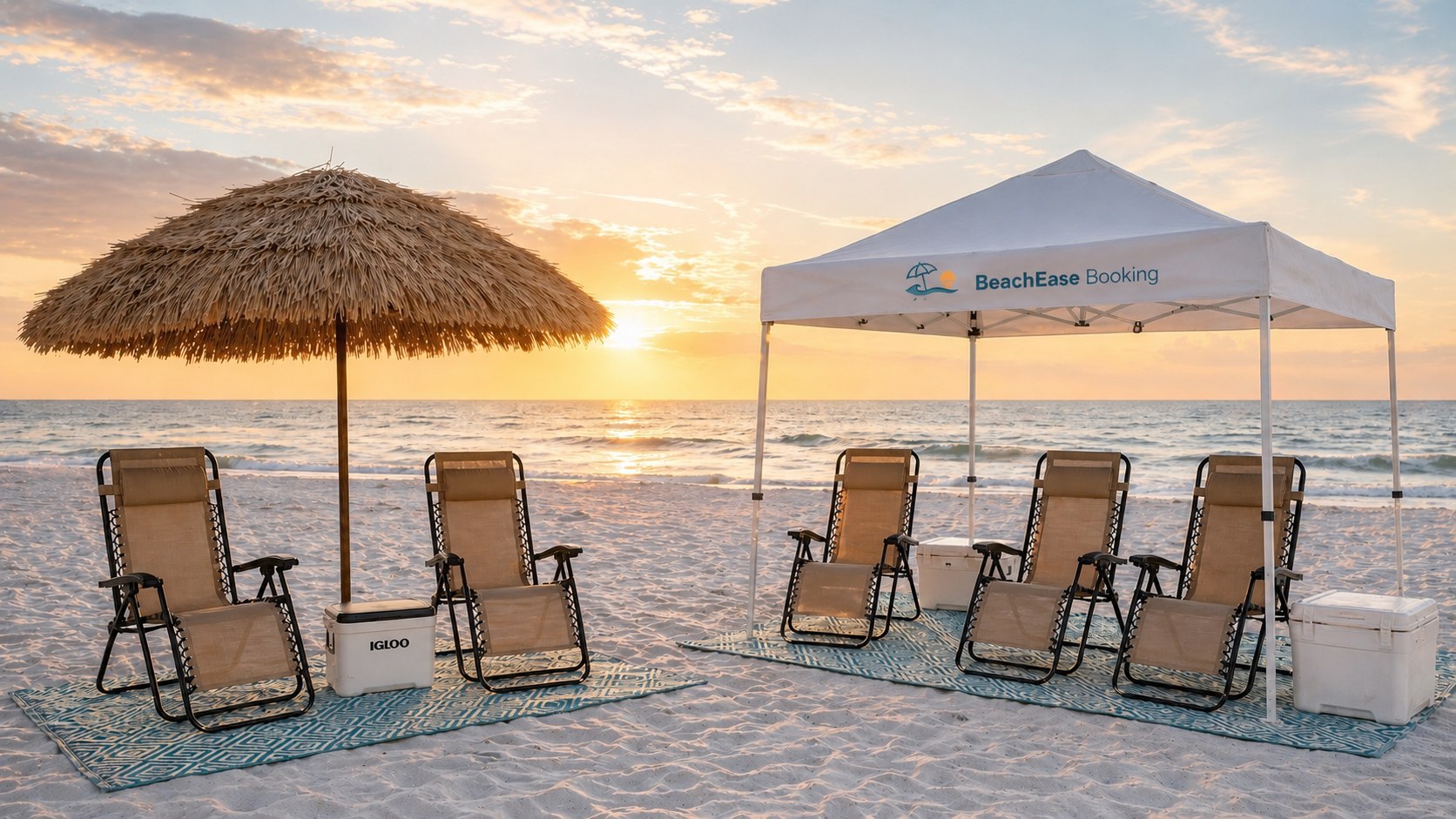 Professional beach equipment rental setup with premium cabana, comfortable chairs, and umbrella service at St. Petersburg Florida beach at golden hour sunset
